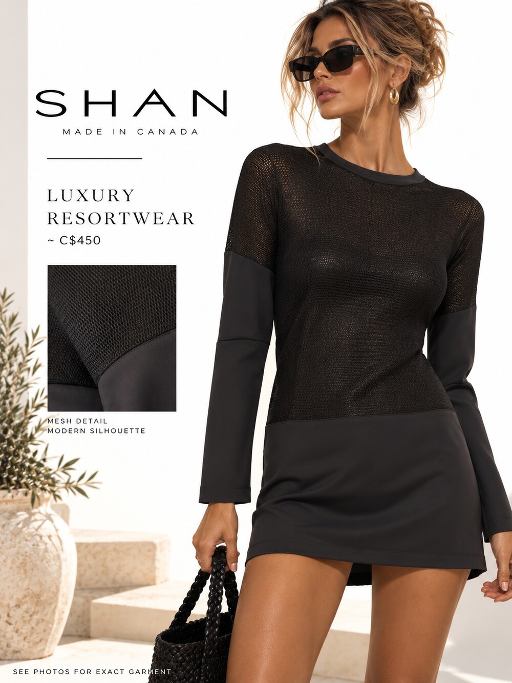 SHAN Long Sleeve Mesh Top Tunic Dress in Black NWOT Resort Beach Lbd
